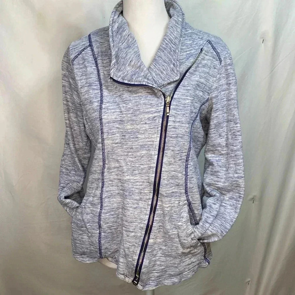 Chico’s Zenergy Heathered Blue Cotton Moto Style Sweatshirt Jacket Size Medium/8 - Picture 1 of 11